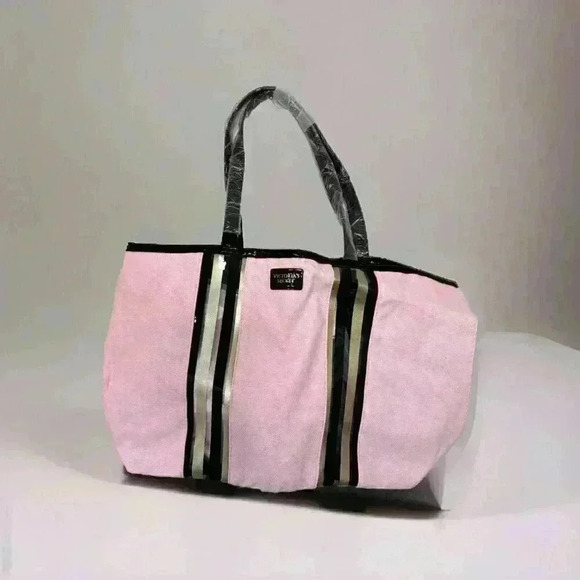 Victoria's Secret Handbags - Victoria Secret TRAVEL Glass Stripe City Tote Bag BEACH Wristlet Pink Black Ltd